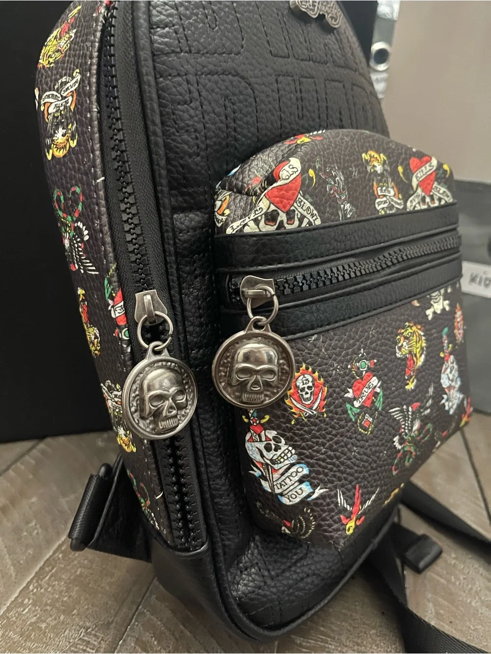 Ed Hardy Black Mini Sling Bag with Multicolor Tattoo Motifs